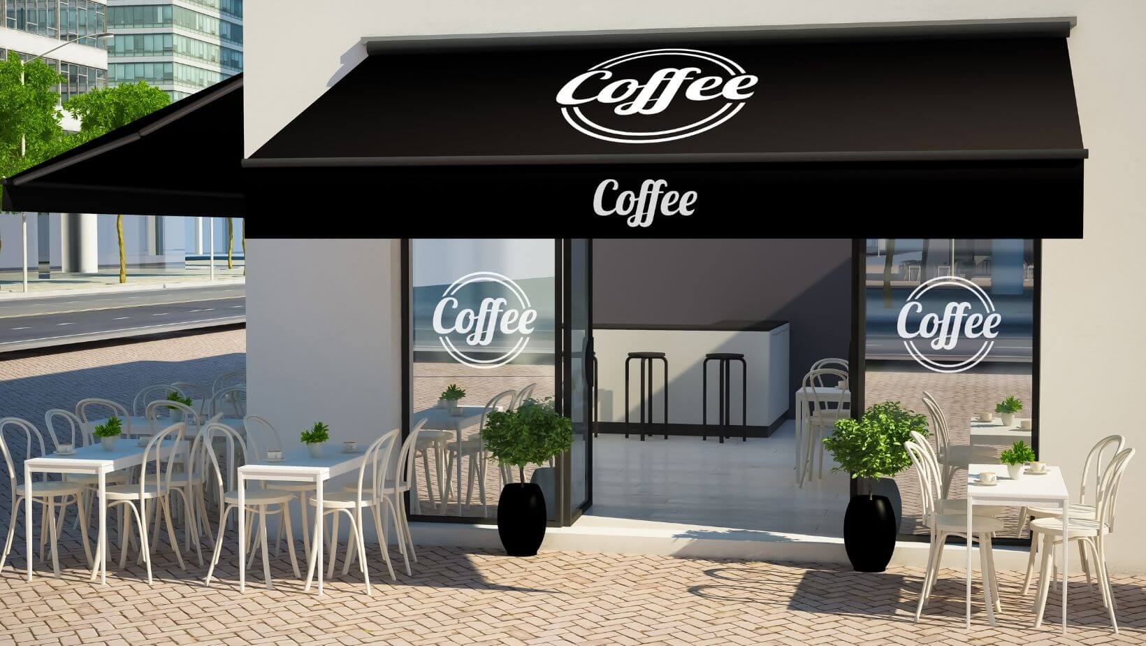 Retractable black custom awning with branding on the side of a coffee shop